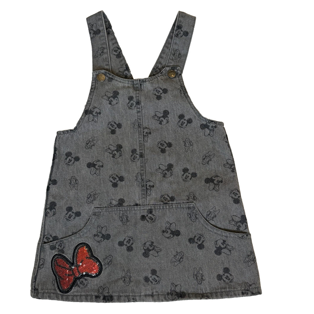 Disney Minnie Mouse Girl’s Overall Dress 3T Gray With Red Sequin Bow Patch
